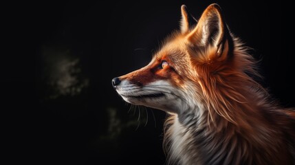 Close up of cute red fox in gradient dark background, side portrait 