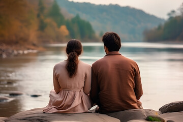 Couple against river background, backs touching, symbolizing relationship cooling. Beautiful view, evoking emotional depth and contemplation. Couple on the big river background, view from back