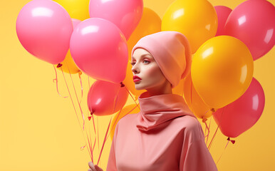 Beautiful Caucasian-looking girl-model in stylish pink costume holding a bunch of balloons in pastel pink and yellow colors. Concept of a holiday, birthday, Valentine's Day.