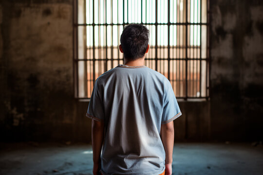Incarcerated man entering a prison cell, seen from behind against the prison backdrop. The somber image reflects regret and sorrow for his actions