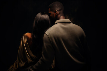 Couple against dark background, backs touching, symbolizing relationship cooling. Beautiful view, evoking emotional depth and contemplation. Couple on the dark wall background, view from back - obrazy, fototapety, plakaty