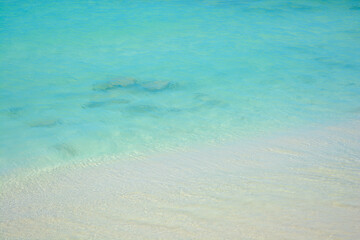 Fototapeta na wymiar Beautiful blue ocean water with white foam edge. Space for text. 