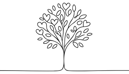 Love tree with hearts one line vector illustration