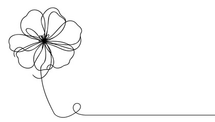 Poppy flowers in continuous line art drawing style. Doodle floral border with two flowers blooming among grass.