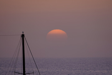 A beautiful bright sunset on the ocean, a huge sun setting behind the horizon against the background of the silhouette of a ship’s mast and a bird on it. Fuerteventura, Canary Islands.