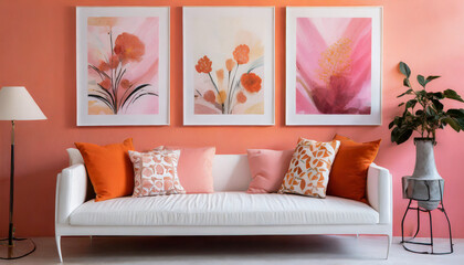Cozy interior with pink and orange retro wall art set of 3 prints in floral abstract style. Contemporary furniture. White sofa with pillows.