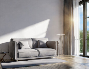 half empty living room interior mock up, gray sofa near white wall with sunlight, 3d rendering