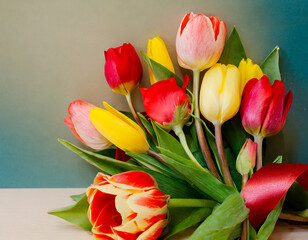 copy space on a Beautiful valentine composition spring flowers, red and yellow tulips, roses