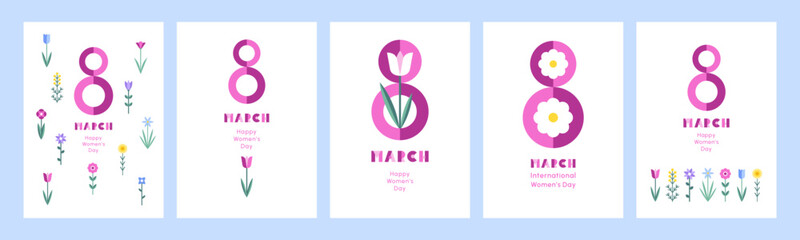 8 March, International Women's Day vector greeting cards set, collection. Simple spring stylized flowers. Modern trendy flat minimalist geometric style illustrations, bright colors. - obrazy, fototapety, plakaty