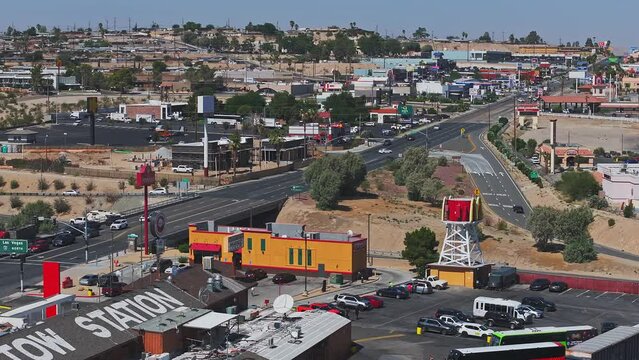 Aerial view of the Barstow city in California. A route 66 cowboy town. Small town with classical restaurants, train station and narrow streets in the middle of a desert.