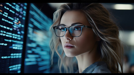 A female expert in glasses engrossed in scrutinizing the screen displaying critical financial data