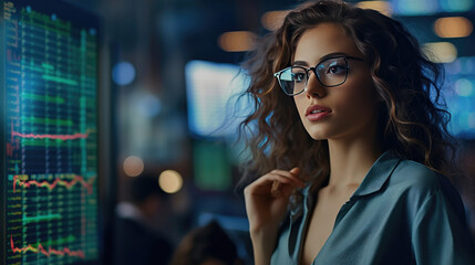 A female expert in glasses engrossed in scrutinizing the screen displaying critical financial data - obrazy, fototapety, plakaty