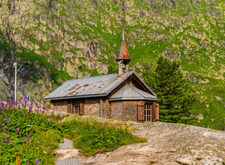 Old wooden church in the Swiss mountains