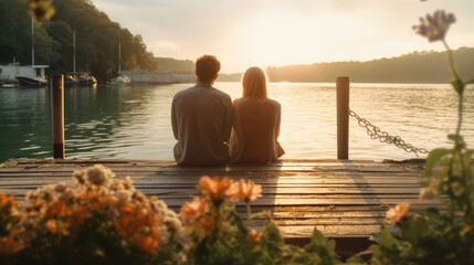 A romantic couple just in love sitting on a lakeside pier with flowers behind them - obrazy, fototapety, plakaty