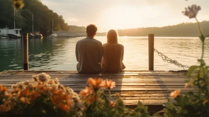 Keuken spatwand met foto A romantic couple just in love sitting on a lakeside pier with flowers behind them © didiksaputra