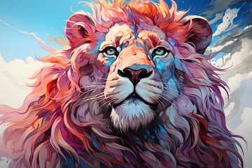 lion, fantasy portrait, colorful illustration. a male lion with a magnificent mane. predator, feline.