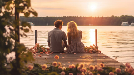 A romantic couple just in love sitting on a lakeside pier with flowers behind them - obrazy, fototapety, plakaty