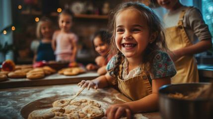 Cute children enthusiastically making cakes in the kitchen - obrazy, fototapety, plakaty