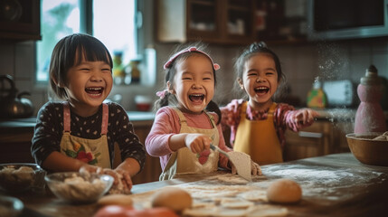Cute children enthusiastically making cakes in the kitchen