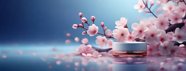 Fototapeten Cherry Blossoms Over Cosmetic Product. Delicate pink flowers bloom over a beauty product, suggesting rejuvenation and soft elegance © Igor Tichonow