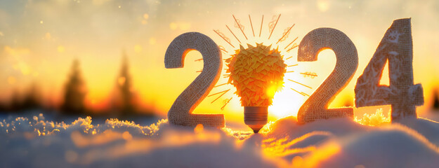 New Year 2024 Concept with Sunlit Snowy Figures. The golden light of dawn illuminates '2024' sculpted in snow, representing the start of a new year filled with possibilities - obrazy, fototapety, plakaty