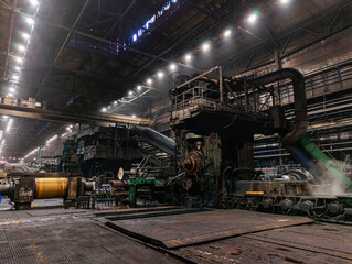 Rolled metal factory. Continuous hot rolling mill. - obrazy, fototapety, plakaty
