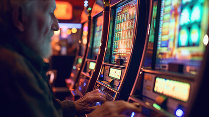 A person playing a slot machine in a casino - obrazy, fototapety, plakaty