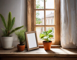 Empty wooden picture frame, an opened window and potted plants