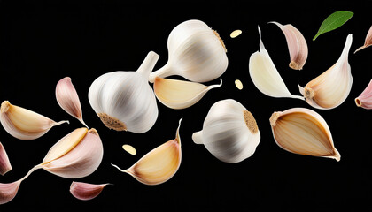 Falling garlic cloves isolated on black background with clipping path