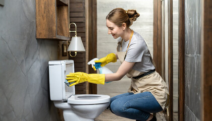Housework or house keeping service female cleaning dust in toilet, cleaning agency small business. professional equipment cleaning old home. - obrazy, fototapety, plakaty