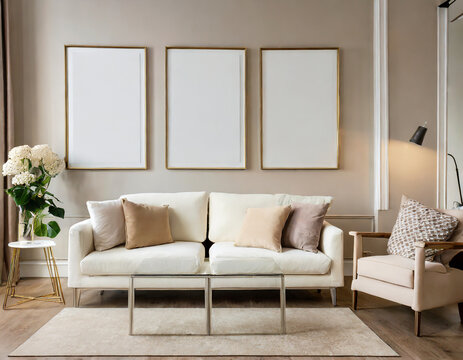 Three empty vertical picture frames in a modern living room with white sofa and beige pillows. Wall art mockup.