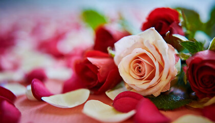 valentine abstract background with a bouquet of roses and petals