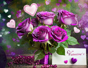 Obraz na płótnie Canvas valentine card with a bouquet of purple roses and hearts