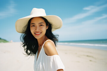 portrait headshot of a young asian/korean/japanese woman with long dark hair traveling in nature vacation lake summer blue sky portra magazine editorial film look