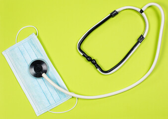 Medical instruments and protective equipment on a green background