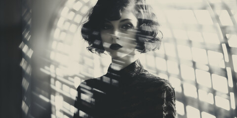 Noir-Inspired Portrait with Geometric Shadows - obrazy, fototapety, plakaty