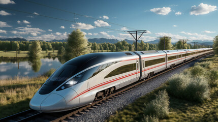 High Speed Passenger Train In White Colour With Red Stripe Going Really Fast
