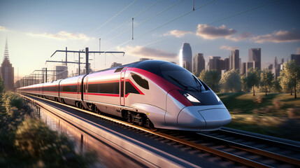 Newest High Speed Train in Action with A Megapolis In The Background