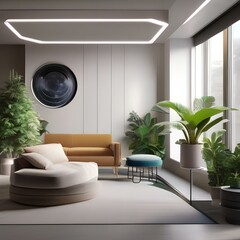 An interior design concept inspired by space travel, featuring gravity-defying furniture and plant installations3