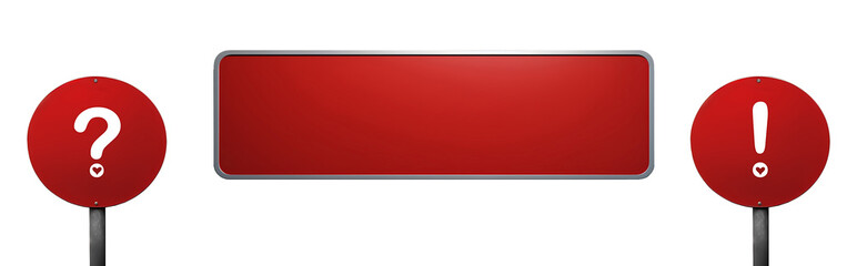 Valentine's Day sign set isolated on a blank background. Rectangular billboard in red color with metal edges. Exclamation and question marks with a heart. Png file to copy to design file. 