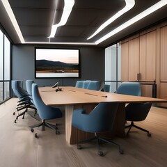 A conference room featuring collaborative AI surfaces and adaptable, multifunctional furniture3