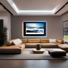 A living room with walls made of responsive, interactive LED screens displaying futuristic scenes2