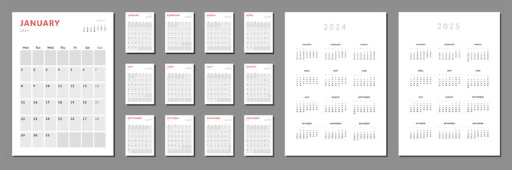 Set of 2024 Calendar Planner Template with Place for Photo,Company Logo and annual calendar on 2024-2025. Vector layout of a wall or desk simple calendar with week start Monday for print - obrazy, fototapety, plakaty