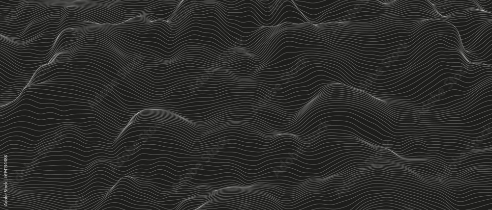 Poster monochrome sound line waves abstract background . distorted line shapes on a black background.