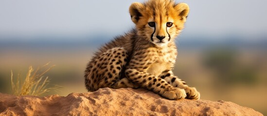 Cheetah cub on rock in Serengeti, Tanzania, Africa. - obrazy, fototapety, plakaty