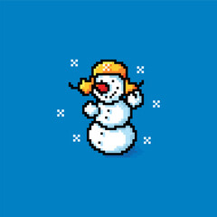 Pixel art style smiling snowman waving his hand 