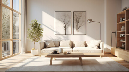 Modern minimalist japandi style design living room with beige sofas and wall art, blank, copy space