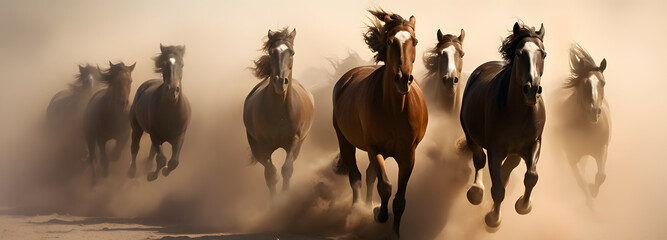A herd of Arabian horses running beyond a sand storm - obrazy, fototapety, plakaty
