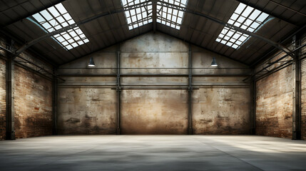 Industrial empty old warehouse interior, concrete floor and black steel roof structure
