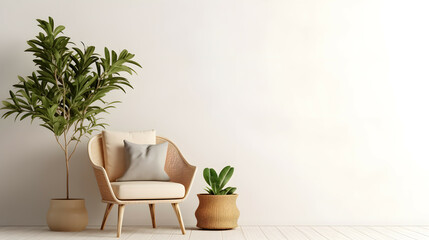 Living room with an empty beige wall with wicker rattan armchair and vase and a large green plant,...